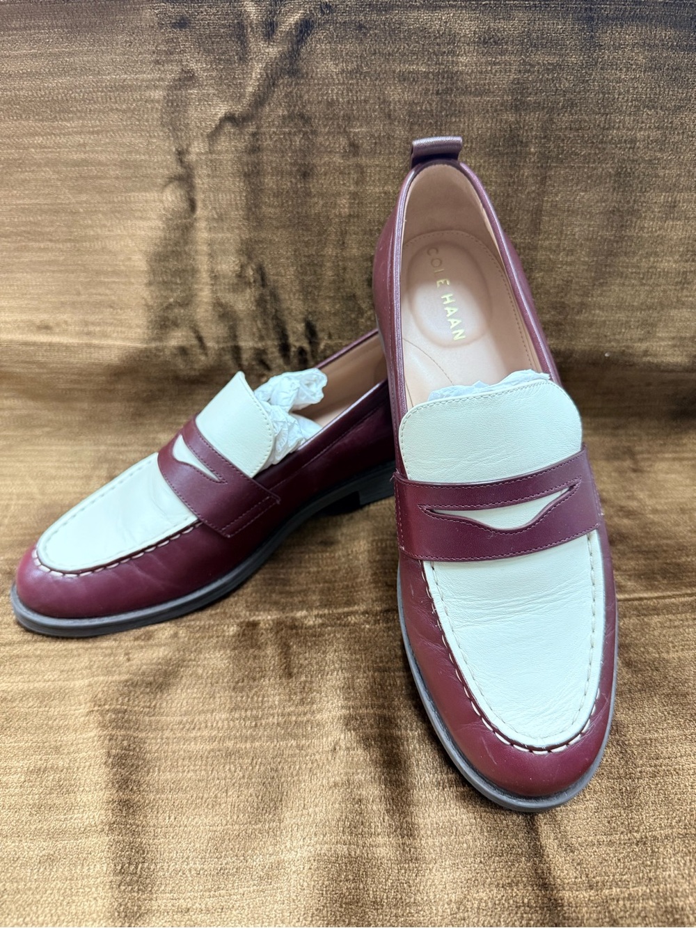 Cole Haan Burgundy and White Leather Penny Loafers